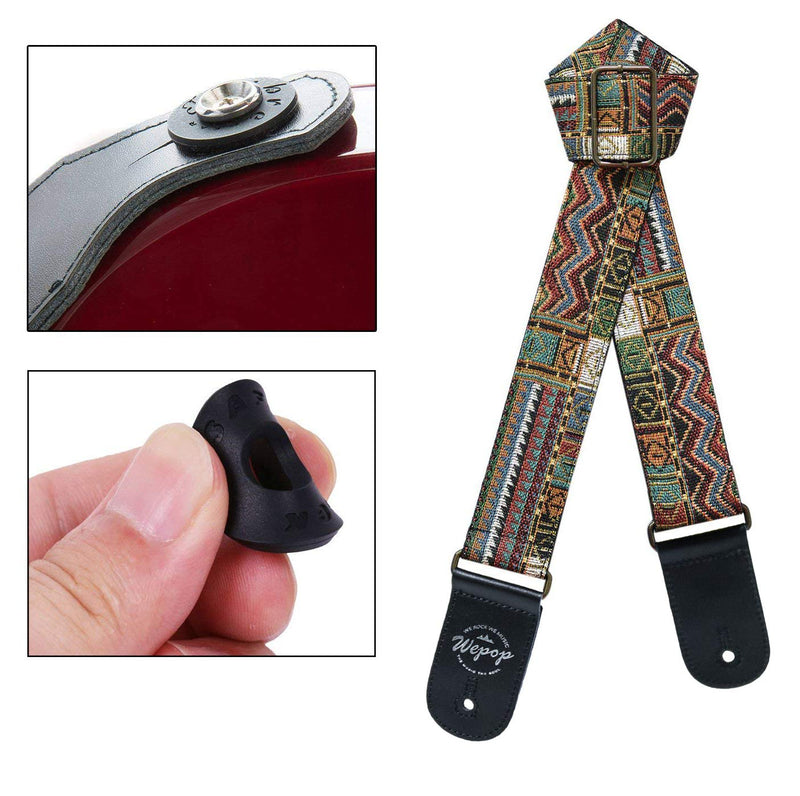 iDelta Guitar Strap Vintage Woven Style Adjustable Acoustic Electric Guitar Bass Strap with Leather Ends, Picks, Strap Bundle, Button 15