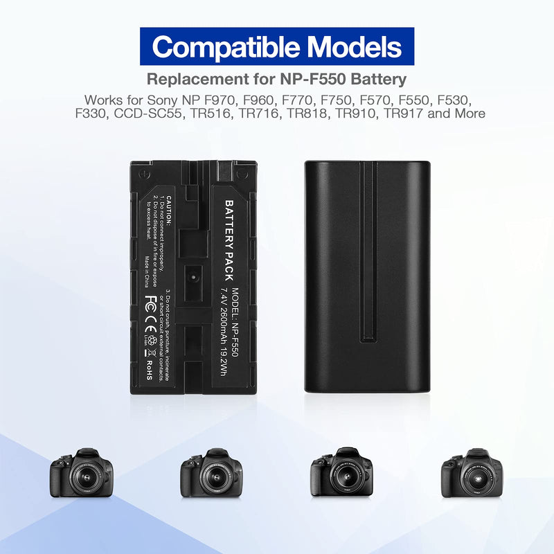 Powerextra NP-F550 Charger Set, 2 x NP-F550 Batteries with and Dual USB Charger Compatible with Sony NP-F550, F970, F750, F570, F530, F330, CCD-SC55, TR910, TR917, CN160, CN-216 LED Light and More