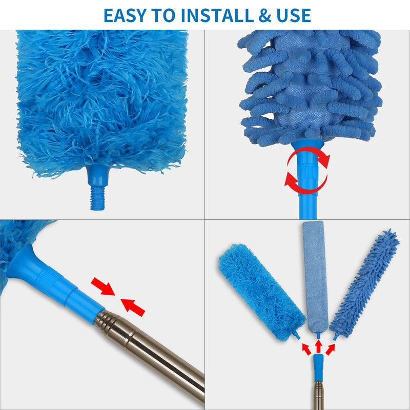 Dusters for Cleaning,6 PCS Feather Duster Microfiber Duster with 100'' Stainless Steel Extension Pole, Bendable & Washable Telescopic Cobweb Duster for Ceiling Fan,High Ceiling,Blinds,Furniture & Cars 6pcs