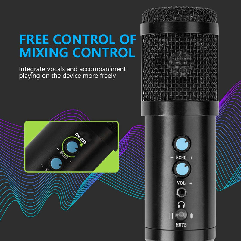 USB Microphone, 2021 Newest Condenser Microphone for Computer, with Mute Key & Echo Knob, PC Microphone Kit with Adjustable Metal Arm Stand for Gaming, Broadcasting, Live Streaming, Recording (Black) Black 01