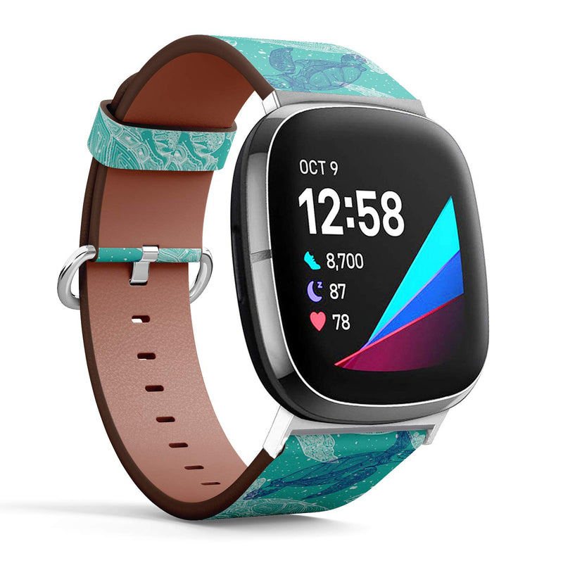 SMODDIX Replacement Band Compatible with Fitbit Sense/Fitbit Versa 3, Leather Strap Wristband Bracelet (Sea Turtles Marine)