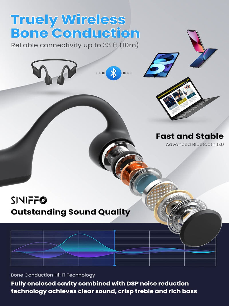 Siniffo Bone Conduction Headphones, 2023 Upgrade Open-Ear Wireless Bluetooth Workout Headphones with Microphones, 8Hr Playtime, Waterproof Wireless Earphones for Sports, Running, Gym, Hiking, Cycling Black