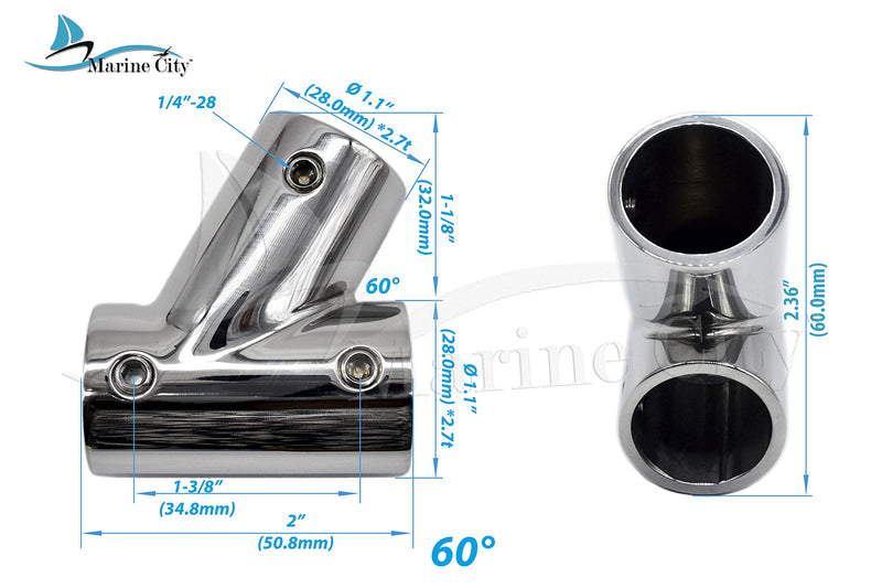 MARIEN City Tee Connector Hand Rail 45° / 60°/ 90°Fittings 3-Ways for 7/8'' Tube Marine Grade Stainless Steel Heavy Duty Boat Hardware (2Pack) 45°