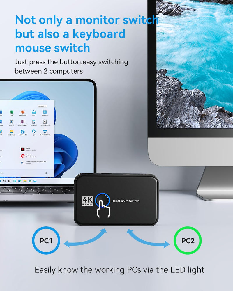 KVM Switch, Giimake KVM Switch HDMI,USB KVM Switch for 2 Computers Sharing One HD Monitor and Keyboard Mouse, Support 4K@60Hz,2 HDMI Cables and 2 USB Cables,1 USB C Charge Cable Included Black