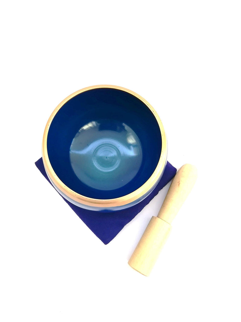 JX2 Singing Bowl Set with Wooden Mallet and Cushion Brass | Unique Tibetan Bowls for Meditation, Lightweight Buddhist Bowl Exquisite Spiritual Decor for Home, Yoga Studio - (3.25 Inch) - Blue