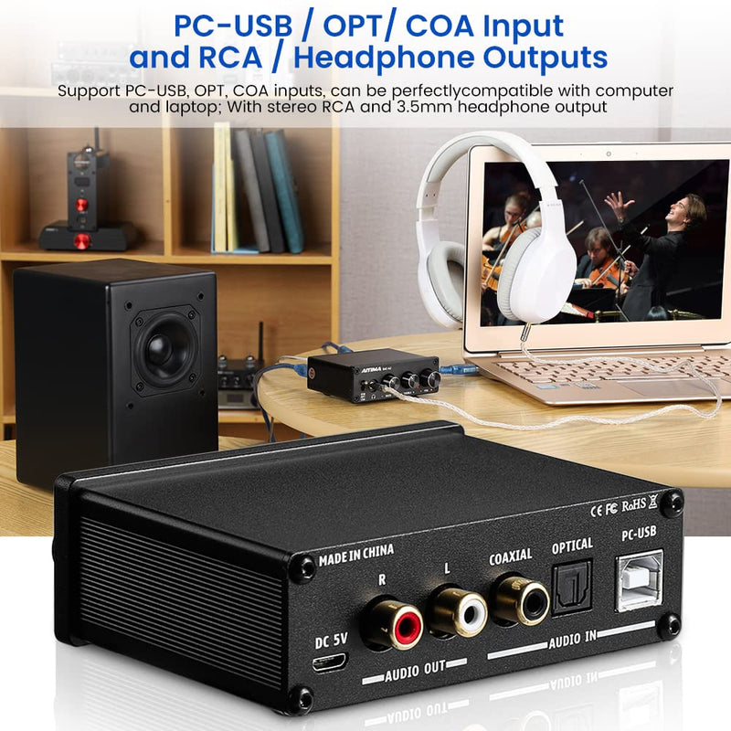 [AUSTRALIA] - AIYIMA DAC-A2 Headphone Amplifier DAC with Bass Treble Controls PC-USB/Optical/Coaxial Inputs, RCA/3.5mm Headphone Ouput Digital to Analog Desktop Audio Converter 5V 24Bit 192kHz Black-DAC 