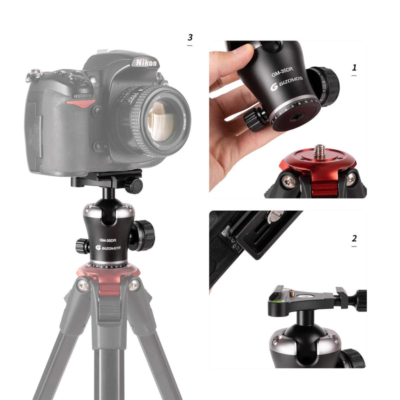 GIZOMOS GM-35DR Panoramic Professional Tripod Ball Head with 1/4" Quick Release Plate, 360 Degree Swivel, Fluid Rotation Camera Ball Head with Bubble Level, Aluminum Alloy, Max Load 12kg/26.5lb