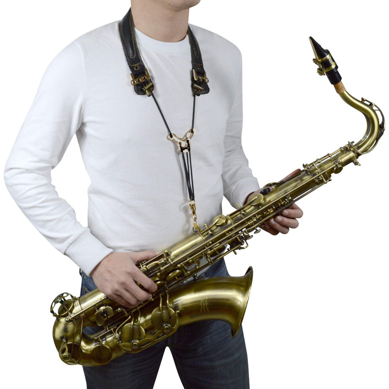 adorence Premium Saxophone Neck Strap (Handmade with Genuine Leather,Breathable Pad & Metal Hook) - Less Stress Ergonomics Design Sax Strap Golden