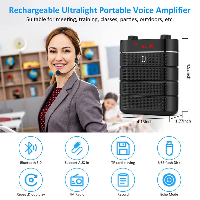 JYX Voice Amplifier with Wired Microphone Headset and Waistband, 2200mAh Portable PA Speaker System With Microphone, REC, FM, Supports TF Card/AUX/USB/Bluetooth for Teachers, Coaches and Tour Guides Wired Mic