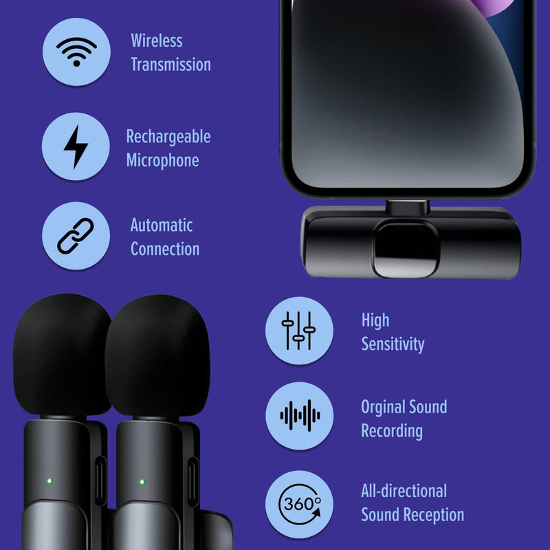 [AUSTRALIA] - ASILEX Wireless Microphones-2Pcs -Microphone for iPhone - Mini Microphone - Podcast Microphone -Lavalier Microphone -6H Working Time (for iPhone) 