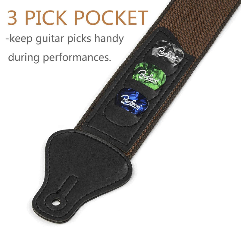 BestSounds Guitar Strap with 3 Pick Holders 100% Soft Cotton Strap For Bass Electric & Acoustic Guitars (Coffee) Coffee