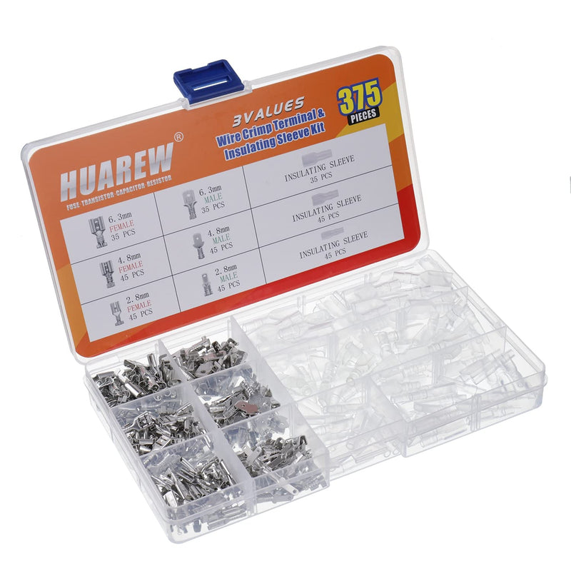 HUAREW 3 Values 375 Pcs 2.8/4.8/6.3mm Male and Female Wire Spade Connecto Crimp Terminal Insulating Sleeve Kit for Car Audio Speaker Electrical Wiring