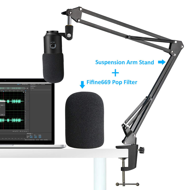 Fifine K669B Mic Boom Arm with Foam Windscreen, Suspension Boom Scissor Arm Stand with Pop Filter Cover for Fifine K669B Microphone by SUNMON Mic Stand and Pop Filter