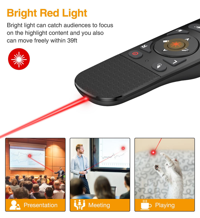 Presentation Remote with Air Mouse Function, Wireless Presenter Clicker RF 2.4GHz USB Laser Pointer Presenter Control PowerPoint Presentation Clicker for Mac, Laptop, Computer