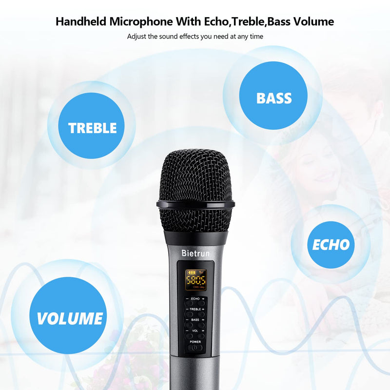 Bietrun Wireless Microphone with Echo, Treble, Bass & Bluetooth, 98 FT Range, Portable UHF Handheld Dynamic Microphone with Rechargeable Receiver, for Karaoke, Speaker, Amplifier, PA System