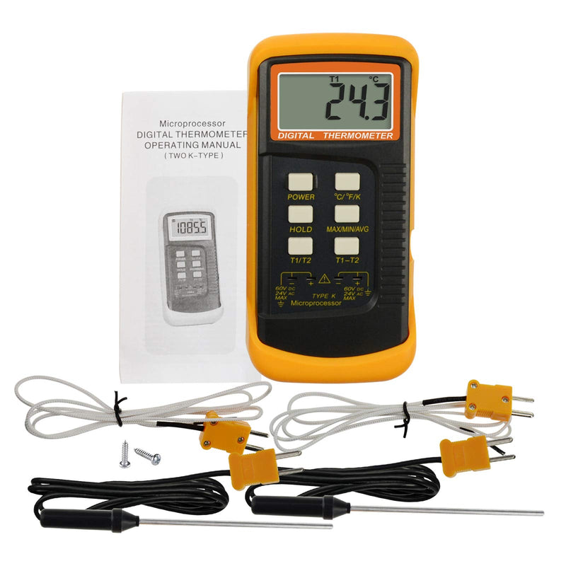 [AUSTRALIA] - Digital 2 Channels K-Type Thermometer 4 Thermocouples Probe Sensor Tester Monitor Wired & Stainless Steel -50~1300°C -58~2372°F Temperature Kelvin Scale Dual Measurement Kit with 4 K- type 