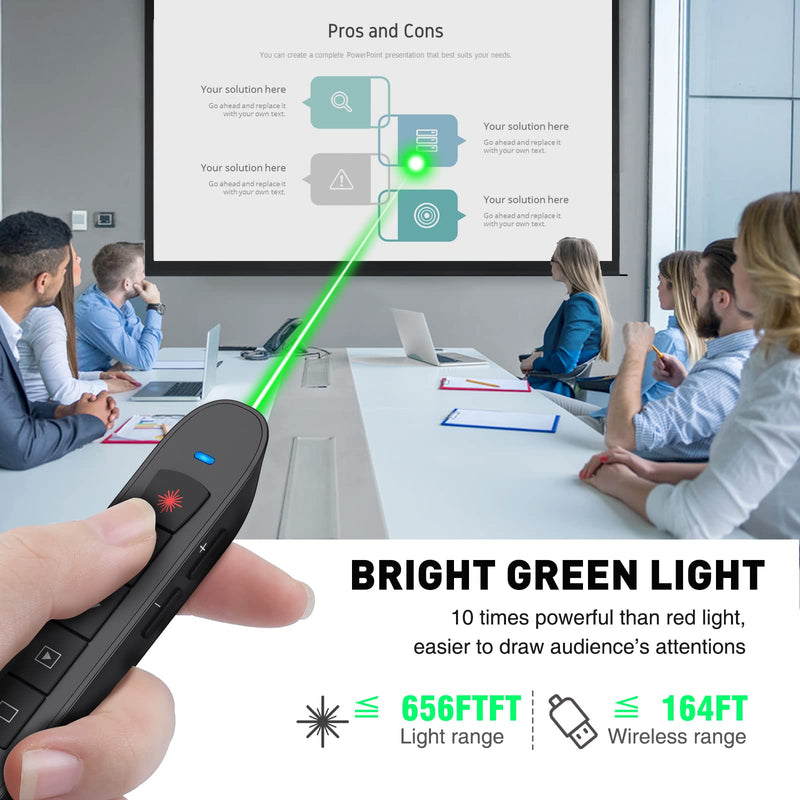 Presentation Clicker Green Laser Pointer, Rechargeable PowerPoint Clicker Wireless Presenter Remote, RF 2.4GHz USB Presentation Pointer Slide Advancer with Hyperlink Volume Control for Mac Computer Q91 Green Light