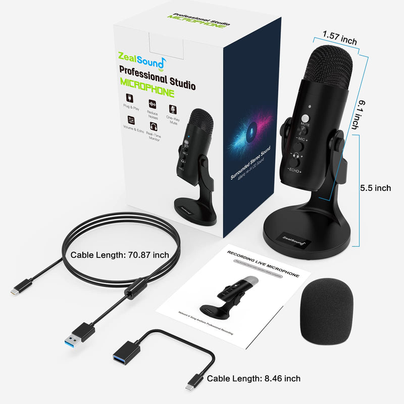 [AUSTRALIA] - ZealSound USB Microphone,Condenser Computer PC Mic,Plug&Play Gaming Microphones for PS 4&5.Headphone Output&Volume Control,Mic Gain Control,Mute Button for Vocal,YouTube Podcast on Mac&Windows(Black) 
