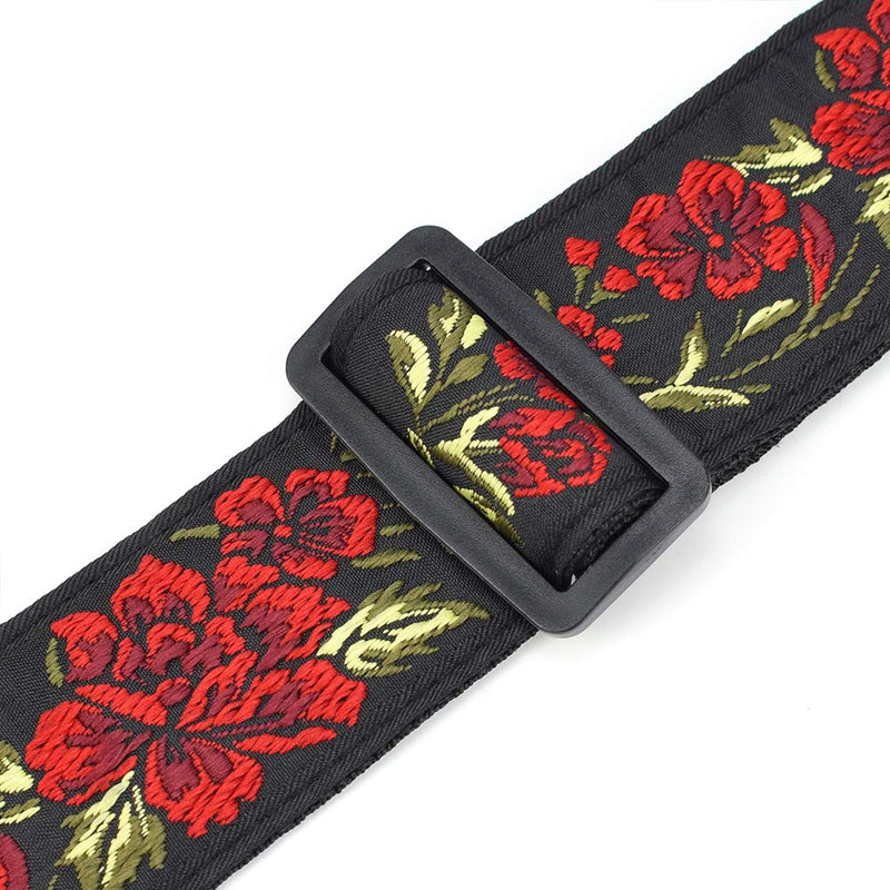 CLOUDMUSIC Red Rose Guitar Strap Pattern Jacquard Woven With Black Leather Ends For Women Acoustic Electric Bass (Red Rose)