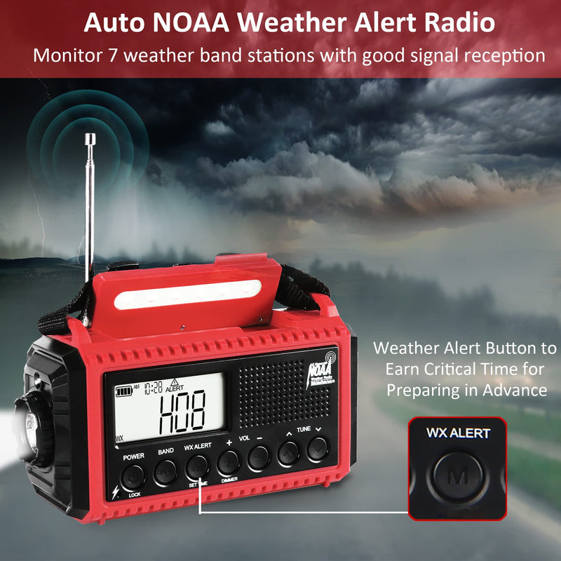 Emergency Radio, 5000 NOAA Weather Radio Solar Hand Crank Powered, AM/FM/Shortware Portable Auto Alert Raido with Phone Charger, Flashlight, Reading Lamp,SOS&Headphone Jack for Outdoor Survival Kit Red