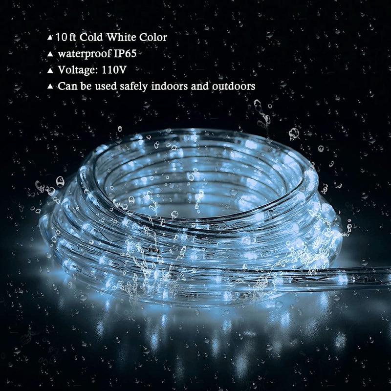 Tuanchuanrp 10Ft LED Rope Lights,LED Strip Lights Waterproof for Indoor/Outdoor,Eaves,Backyards Garden,Bedroom,Party,Decorative Lighting(Cold White) Cold White