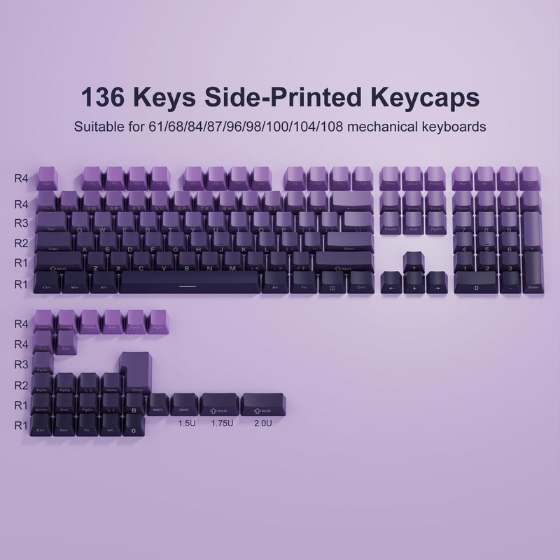 XVX Side Print Keycaps - Shine Through Keycaps, PBT Double Shot Custom Keycap Set, 136 Keys Gradient Purple Keycaps, OEM Profile Keyboard Keycaps for Cherry Gateron MX Switches Keyboard