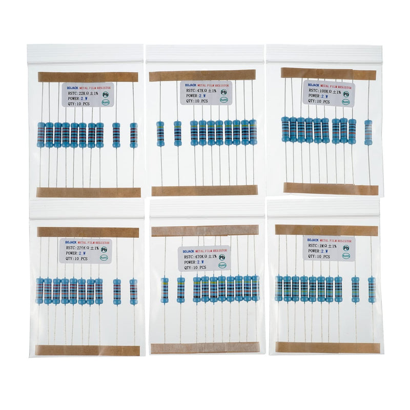 BOJACK 300 Pcs 30 Values Resistor Kit 1 Ohm - 1M Ohm with 1% 2W Metal Film Resistors Assortment 2 W