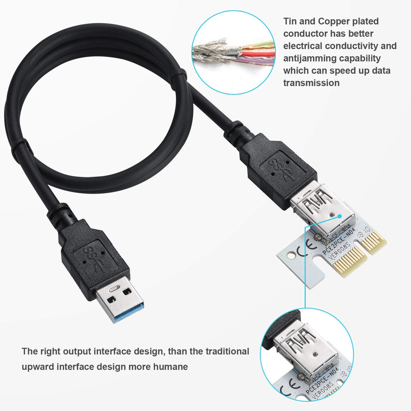 BEYIMEI PCI-E 1X to 16X Riser Card,GPU Riser Adapter Card,with 0.6 m USB 3.0 Extension Cable,6PIN / 4PIN / SATA Interface, for Bitcoin & Crypto Mining Ethereum Mining ETH(VER010-X, 6 Pack) PCI-E 1X to 16X Riser Card(VER010-X)