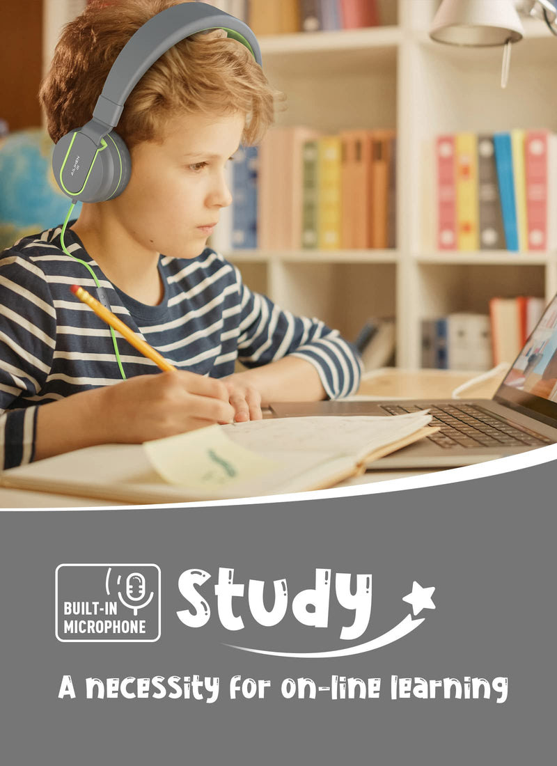 AILIHEN I35 Kid Headphones with Microphone Volume Limited 85dB Children Girls Boys Teen Lightweight Foldable Wired Headset for School Online Course Chromebook Cellphones Tablets (Grey/Green) Gray
