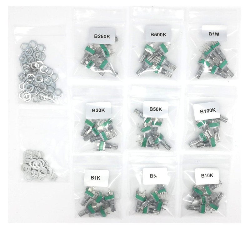 [AUSTRALIA] - 45 pcs Small onboard PCB Potentiometer Assortment 9 Values 1K 5K 10K 20K 50K 100K 200K 500K 1M, Vertical Legs Terminal, 15mm axis, B = Linear 