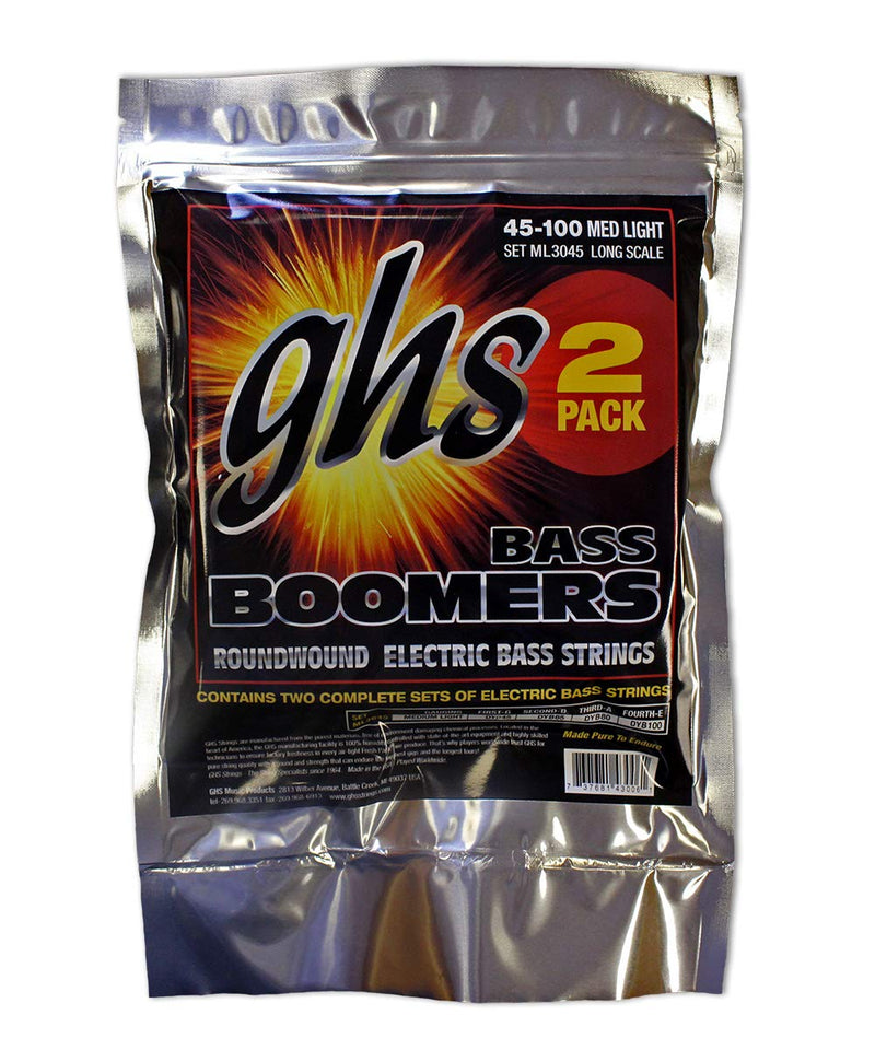 GHS Strings ML3045-2, 4 String Bass Boomers, Nickel-Plated Electric Bass Strings, Medium Light, 2 Pack (.045-.100)