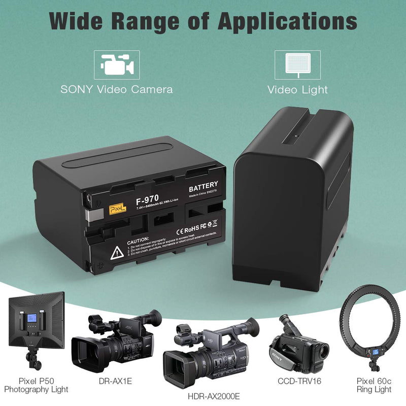 NP-F970 Battery and Charger, Pixel 2 Pack 8400mAh NP F970 Battery with 30W Dual Channel Charger for Sony NP F750, F550, F570 and Sony TR917, CCD-SC55, Fit for Pixel 60C Ring Light and K80 Video Light