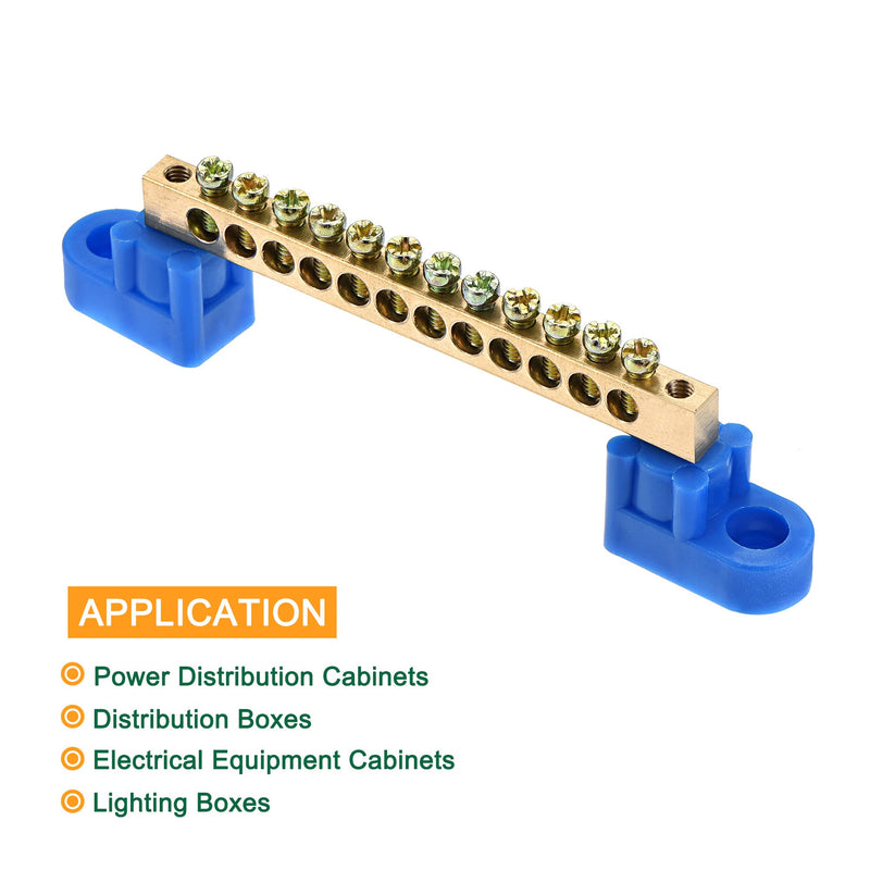 MECCANIXITY Terminal Ground Bar Screw Block Barrier Brass 12 Positions Blue for Electrical Distribution 4 Pcs