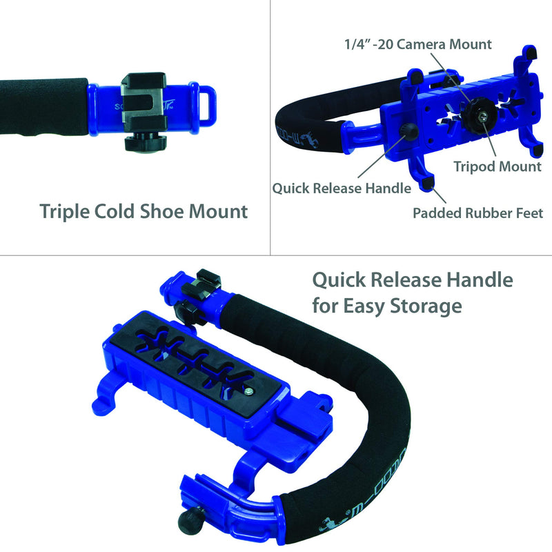 Cam Caddie Scorpion Jr Triple Shoe Camera Stabilizer - Collapsible Stabilizing Smartphone Handle Compatible with All DSLR, GoPro, Mobile Phones w/ 3-in-1 Integrated Cold Shoe - Blue