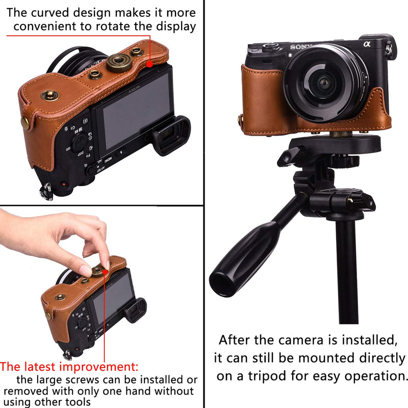 XEVN for Sony a6300 case,for Sony a6000 case,Premium PU Full Body Leather Camera Case Bag for Sony Alpha a6300 a6000 a6100 a6400 Fit 16-50mm Lens with Camera Shoulder Strap(Brown) brown