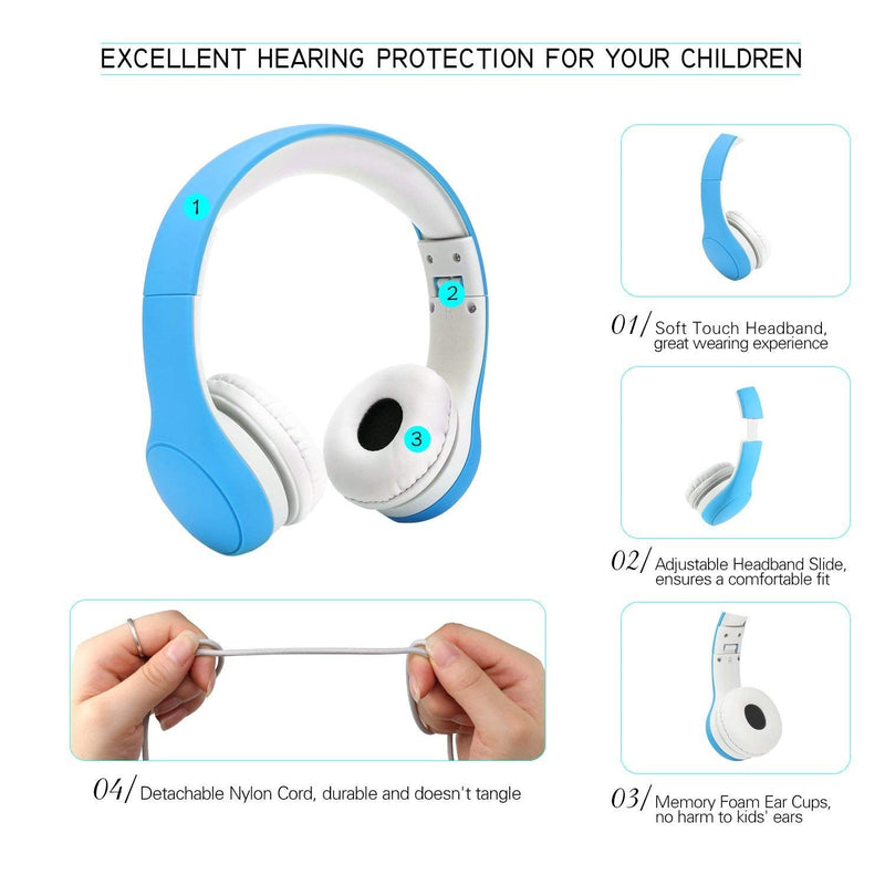 [Volume Limited] KPTEC Kids Safety Foldable On-Ear Headphones with Mic, Volume Controlled at Max 93dB to Prevent Noise-induced Hearing Loss (NIHL), Passive Noise Reduction, Wired Earbuds,Blue Blue