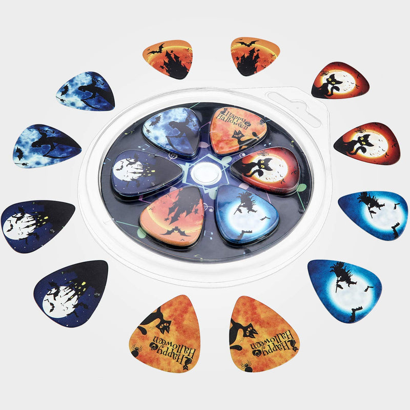 Halloween Guitar Picks Castle Skull Witch Black Cat Bat Pumpkin Guitar Plectrums for Bass Electric Acoustic Guitars Thin (0.46 mm), Medium (0.71 mm), Heavy (0.96 mm) Size