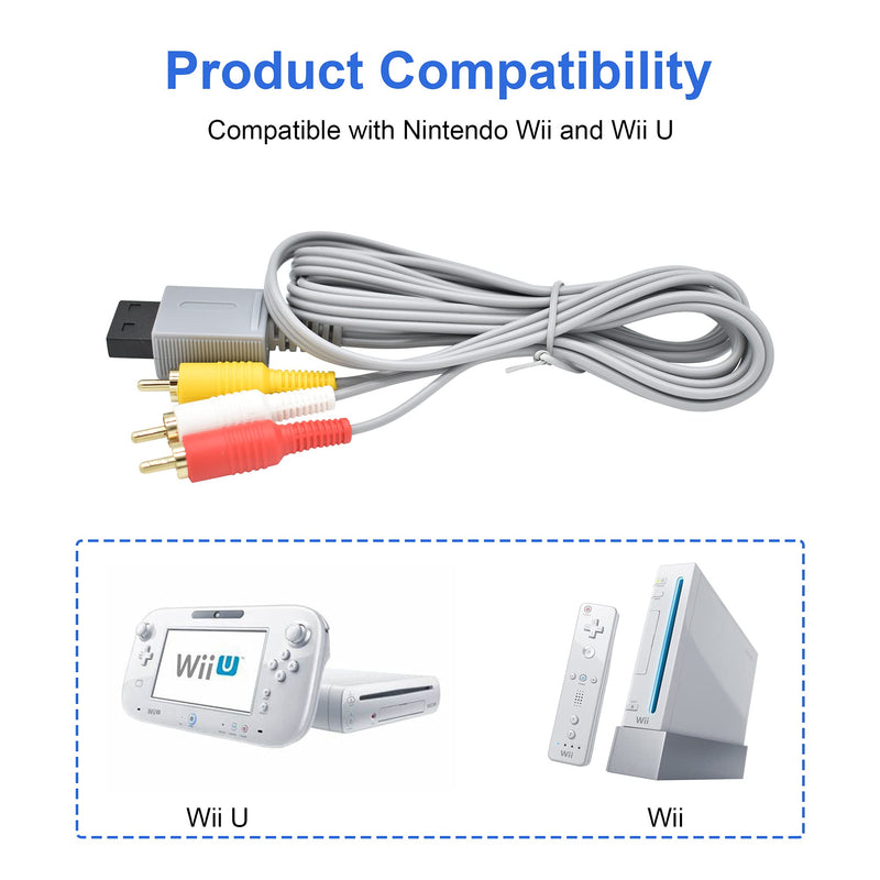 AV Cable for Wii Wii U, 1.8M/6FT Composite 3 RCA Gold-Plated Cable Cord Wire Main 480P Compatible with Nintendo Wii/Wii U TV HDTV Display
