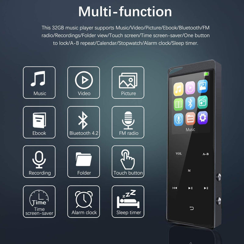 Frehovy 16G MP3 Player with Bluetooth 4.2, Portable Lossless Sound MP3 Music Player with FM Radio Voice Recorder Music Speaker, Support Up to 128 GB with HiFi Headphone Black