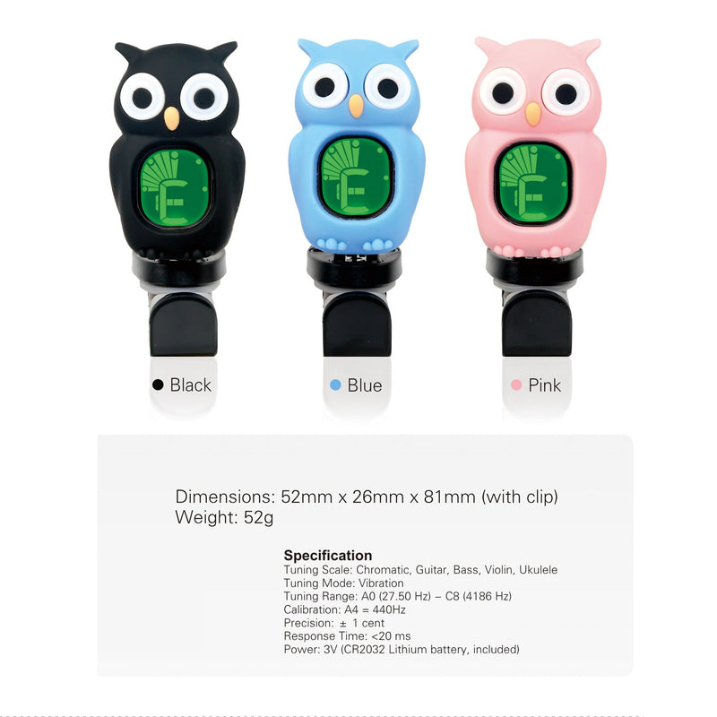 Rinastore Clip-On Owl Tuner for Guitar, Bass,Ukulele & Violin (Blue) Blue