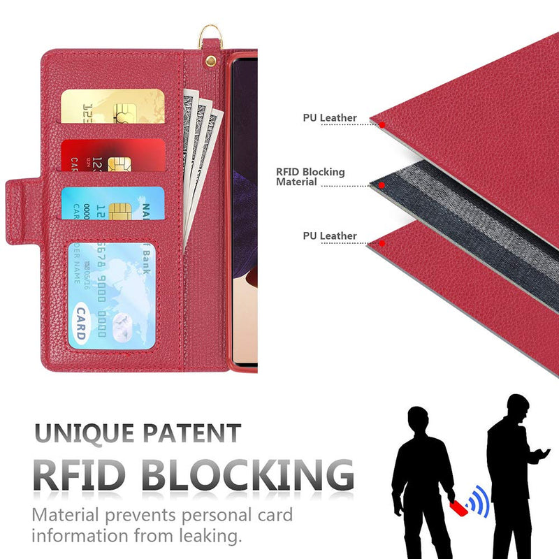 Skycase Galaxy Note 20 Ultra Case 6.9",Samsung Galaxy Note 20 Ultra Wallet Case,[RFID Blocking] Handmade Flip Folio Case with Card Slots and Detachable Hand Strap for Galaxy Note 20 Ultra 2020,Red Red