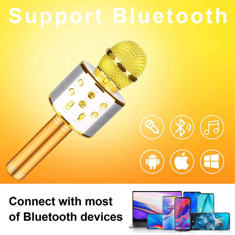 Olycism Wireless Bluetooth Karaoke Microphones for Kids Microphone Handheld Portable Karaoke Player Compatible with Android IOS PC Devices for Singing Recording with 2 PCS Microphone Covers Golden