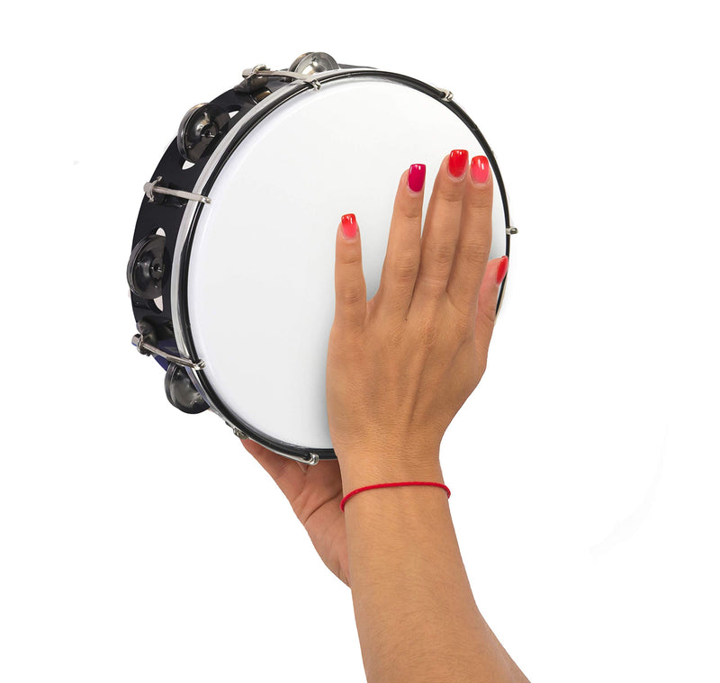 Tunable Tambourine with Key 8 inch Plastic Drum Head - 6 Pairs of Jingles 8 in Black