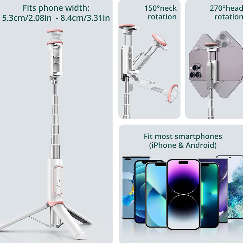COLOR LIZARD Selfie Stick Tripod, 33" Selfie Stick Tripod with Remote, Aluminum Alloy Phone Tripod, Foldable Travel Tripod Stand 270° Rotation Compatible with iPhone/Android Camera - White & Rose Gold
