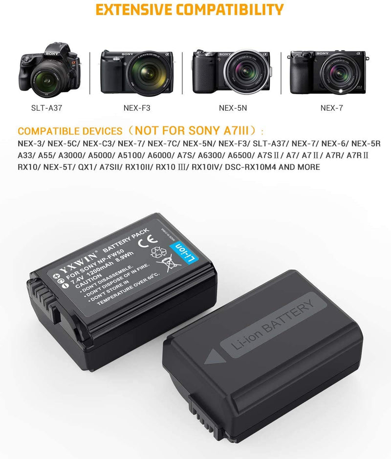 NP-FW50 YXwin Camera Battery Charger Set and Batteries for Sony A6000, A6500, A6300, A7, A7II, A7RII, A7SII, A7S, A7S2, A7R, A7R2, A5100, RX10 Accessories (2-Pack, USB C & Micro USB Ports, 1200mAh)