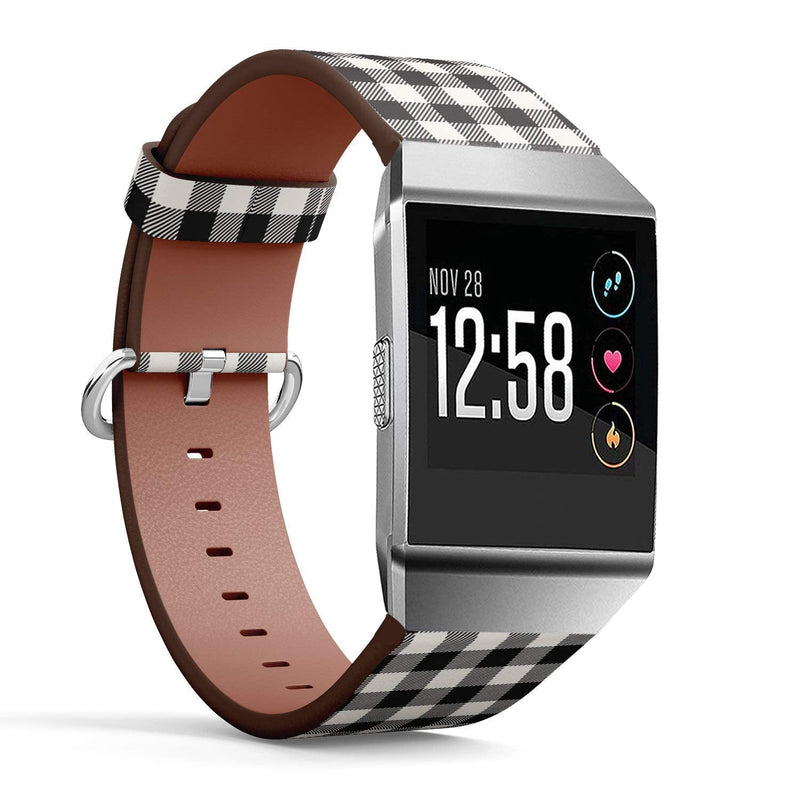 Compatible with Fitbit Ionic - Leather Watch Wrist Band Strap Bracelet with Stainless Steel Clasp and Adapters (White Black Lumberjack Plaid)