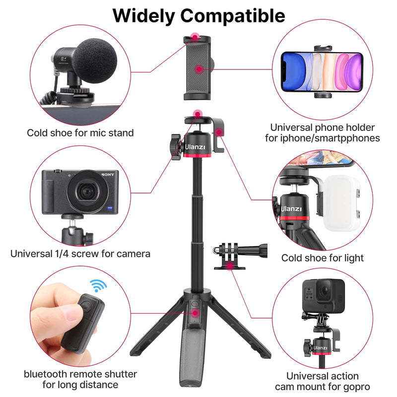 Extendable Mini Tripod for Gopro Camera - MT-30 Compact Cam Vlog Stick Flexible with Cold Phone Plate Phone Holder Compatible for Gopro Hero 10 9 8 7 6 5 Black ZV1