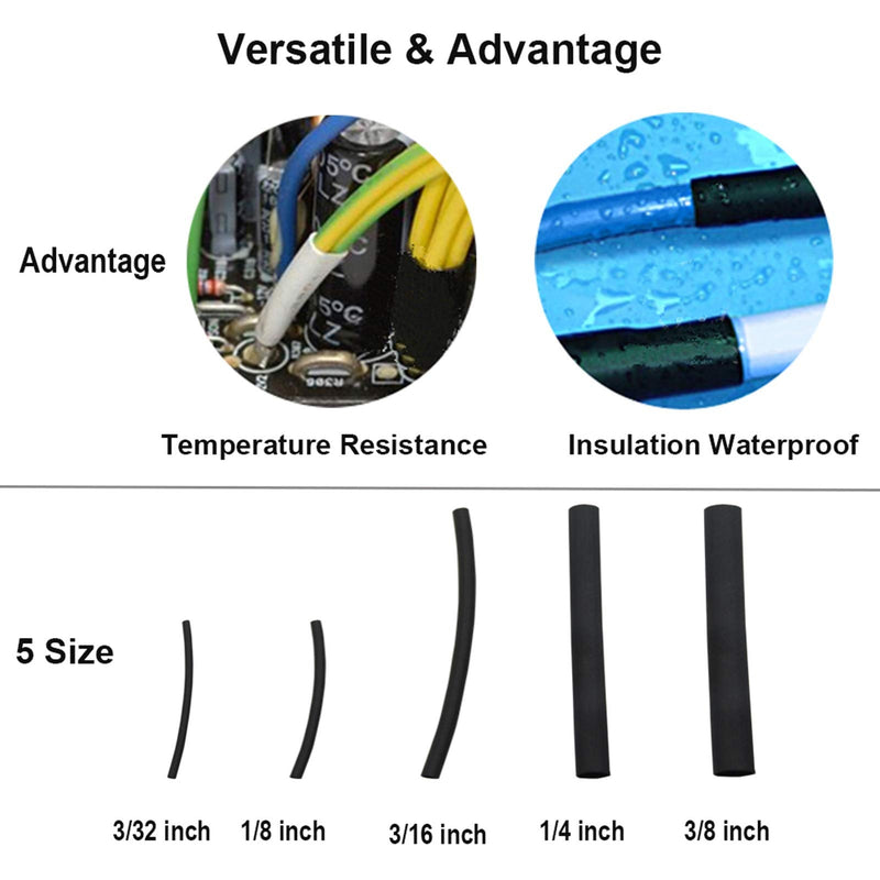 280pcs 3:1 Dual Wall Adhesive Heat Shrink Tubing Kit, 5 Sizes (Diameter): 3/8, 1/4, 3/16, 1/8, 3/32-inch, Marine Cable Wire Sleeve Tube Wrap Assortment with Storage Case for DIY by MILAPEAK (Black) 280
