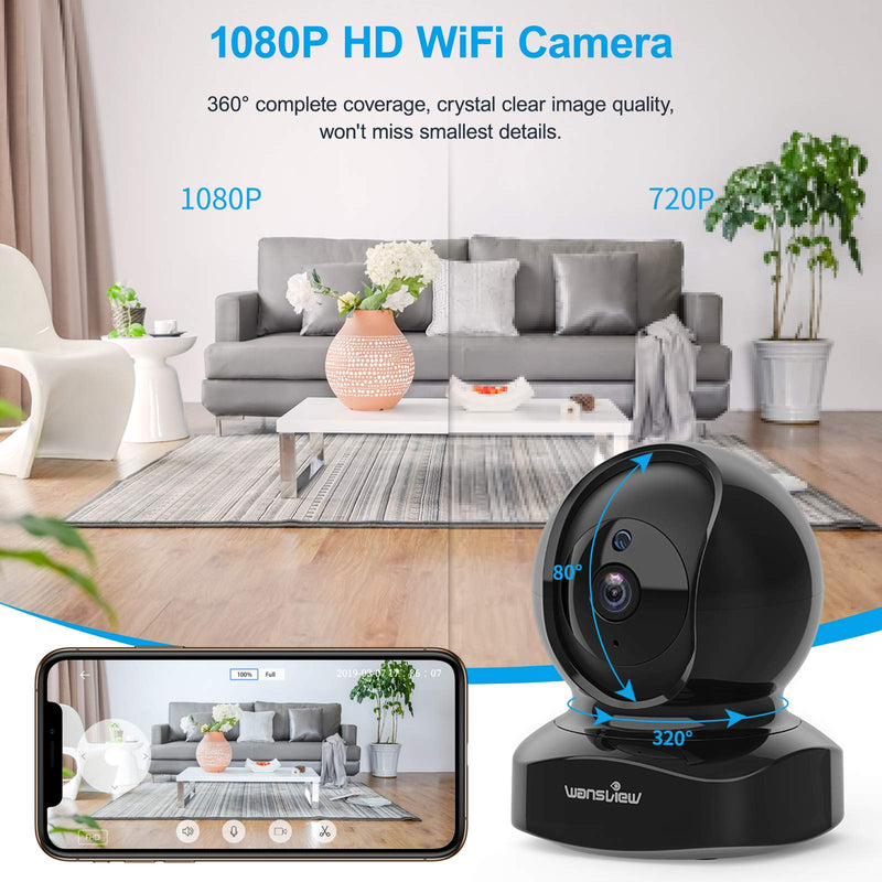 wansview Wireless Security Camera, IP Camera 1080P HD, WiFi Home Indoor Camera for Baby/Pet/Nanny, Motion Detection, 2 Way Audio Night Vision, Works with Alexa, with TF Card Slot and Cloud Black