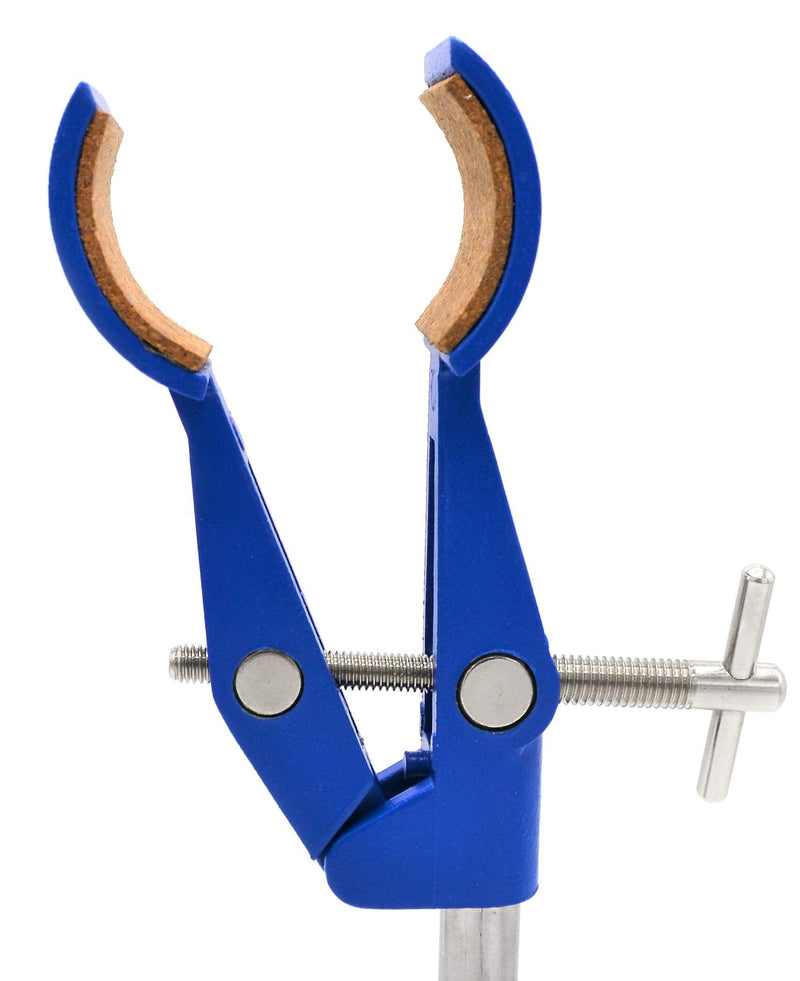 2 Prong, Cork Lined, Burette, Flask, Beaker Clamp on Swivel Bosshead - 4.3" Max Clamp Opening, Bosshead fits up to 18mm Rods - Zinc Alloy Clamp - Research, Industrial Laboratory Grade - Eisco Labs